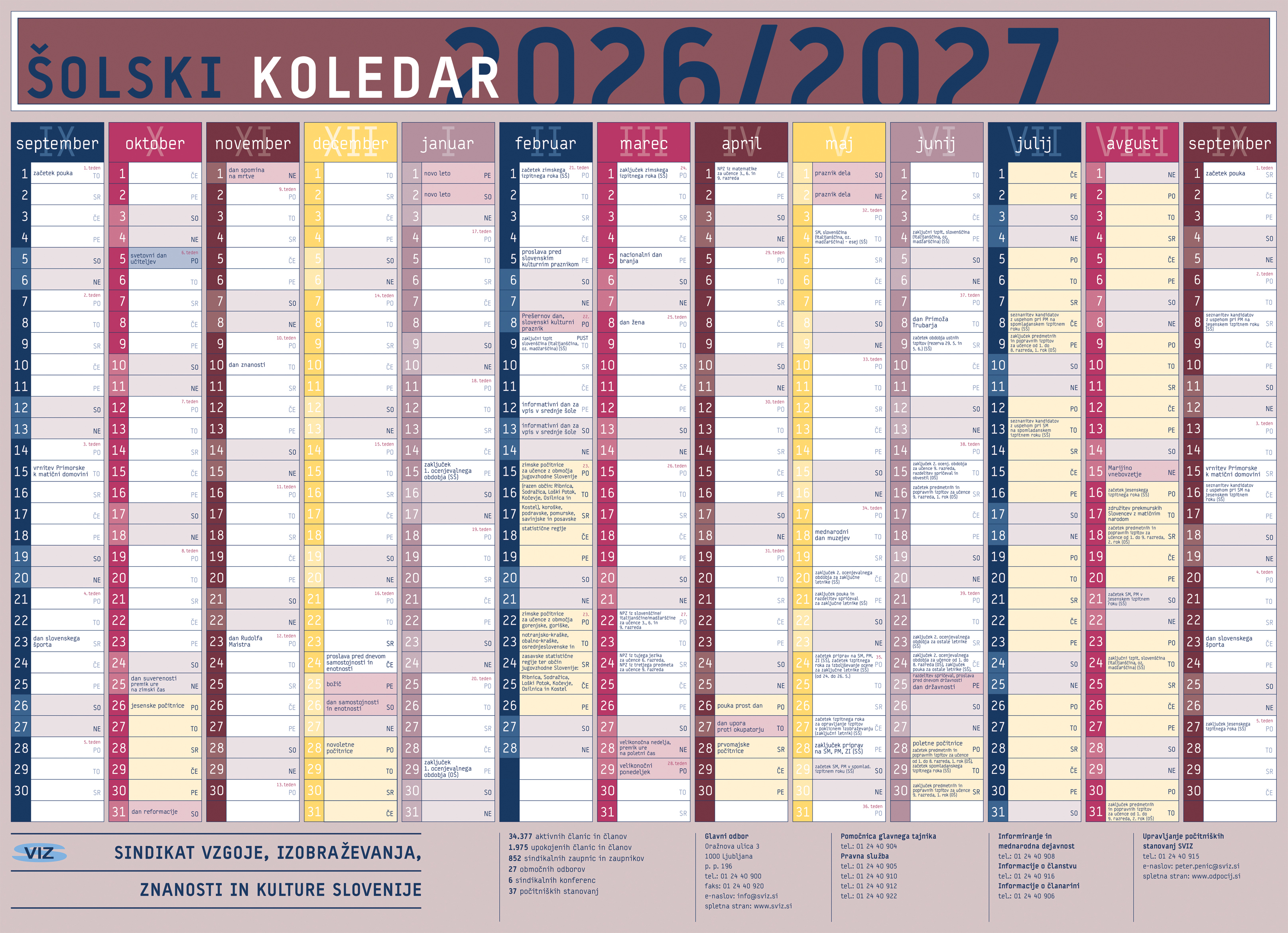 Šolski koledar za šolsko leto 2026/27 Šolski koledar za šolsko leto 2026/27